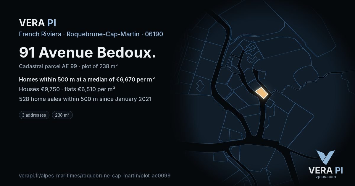 91 Avenue Bedoux, Roquebrune-Cap-Martin at night – the plot lit, the parcels around coloured by the prices near them