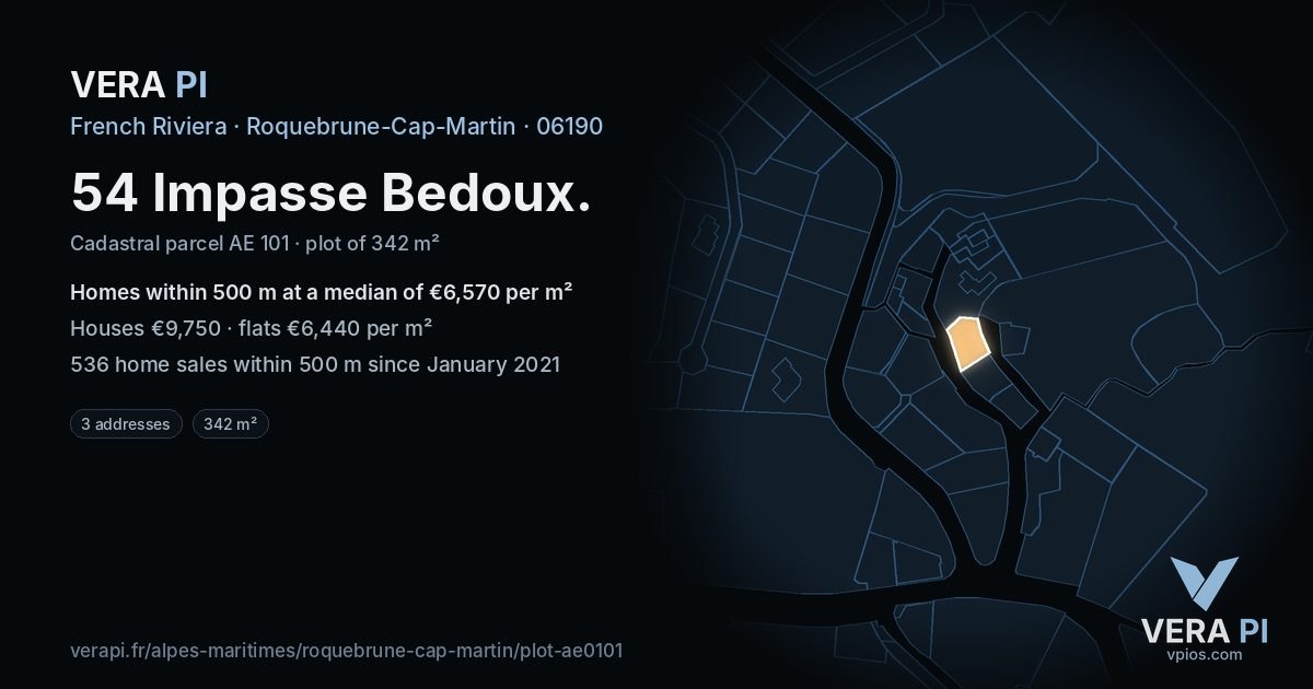 54 Impasse Bedoux, Roquebrune-Cap-Martin at night – the plot lit, the parcels around coloured by the prices near them