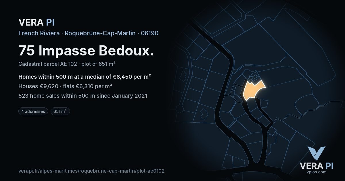 75 Impasse Bedoux, Roquebrune-Cap-Martin at night – the plot lit, the parcels around coloured by the prices near them