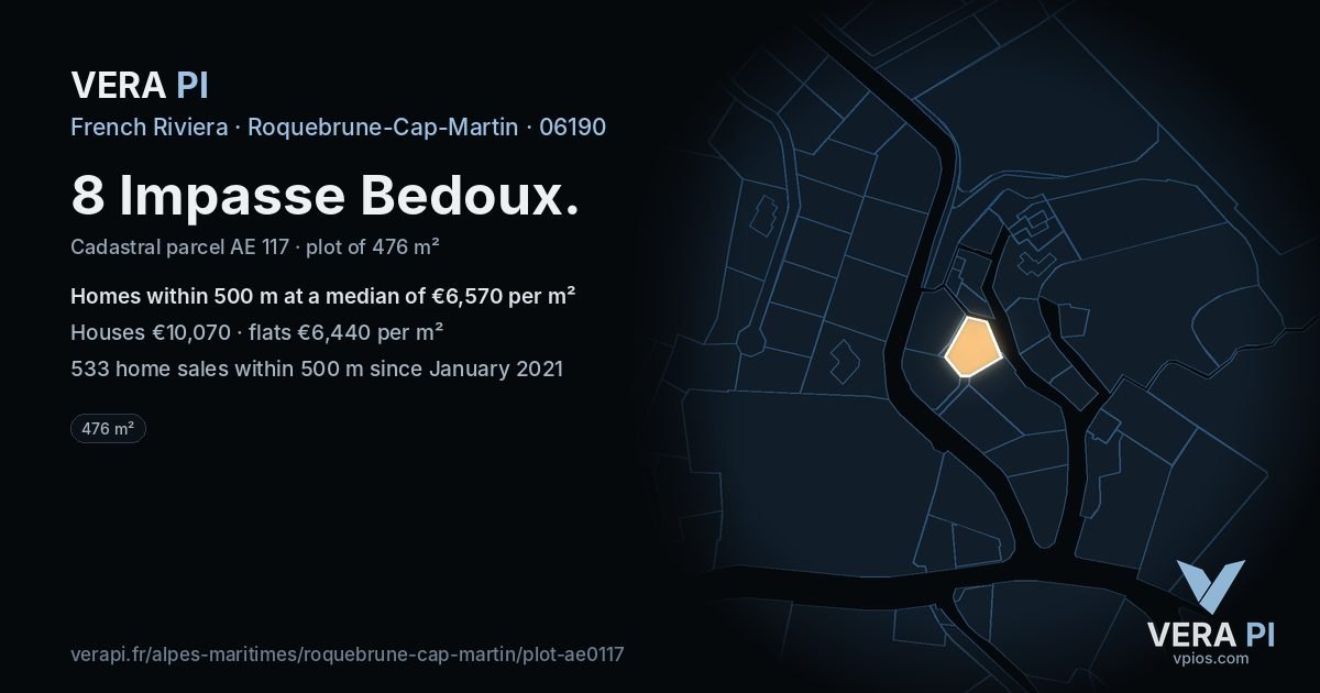 8 Impasse Bedoux, Roquebrune-Cap-Martin at night – the plot lit, the parcels around coloured by the prices near them