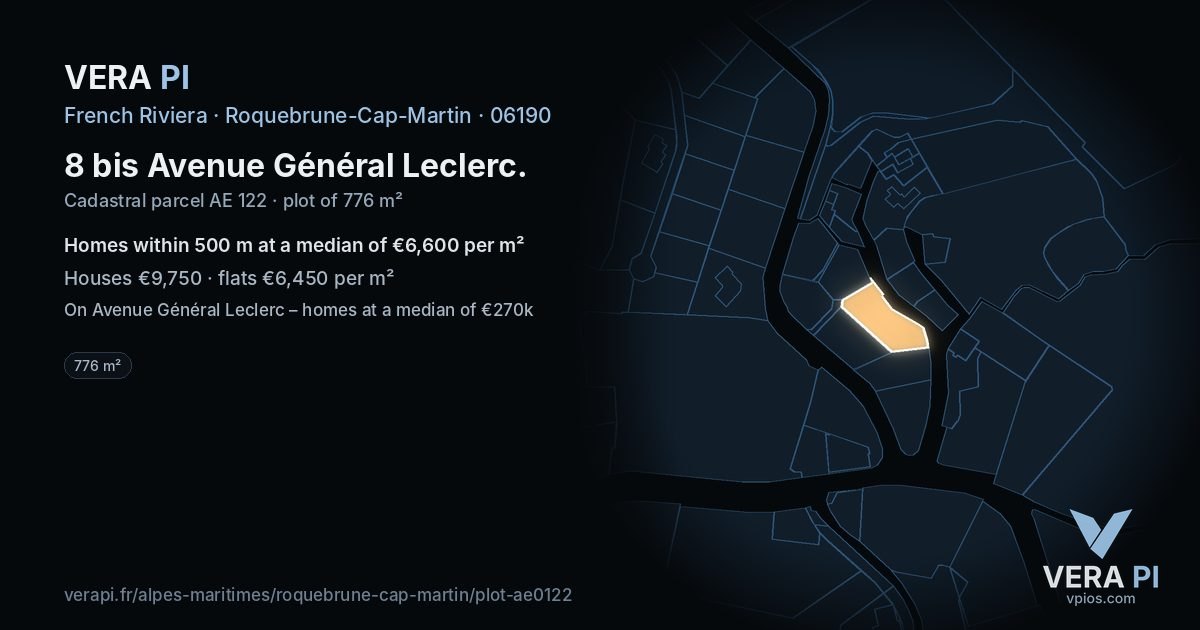 8 bis Avenue Général Leclerc, Roquebrune-Cap-Martin at night – the plot lit, the parcels around coloured by the prices near them