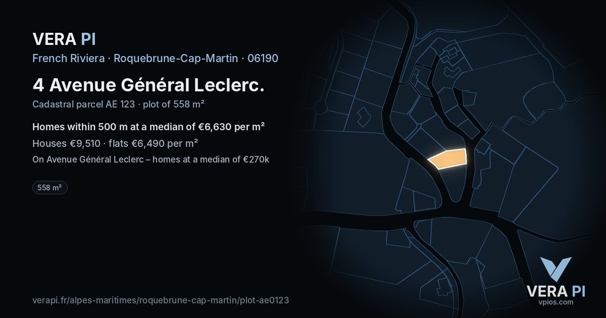 4 Avenue Général Leclerc, Roquebrune-Cap-Martin at night – the plot lit, the parcels around coloured by the prices near them