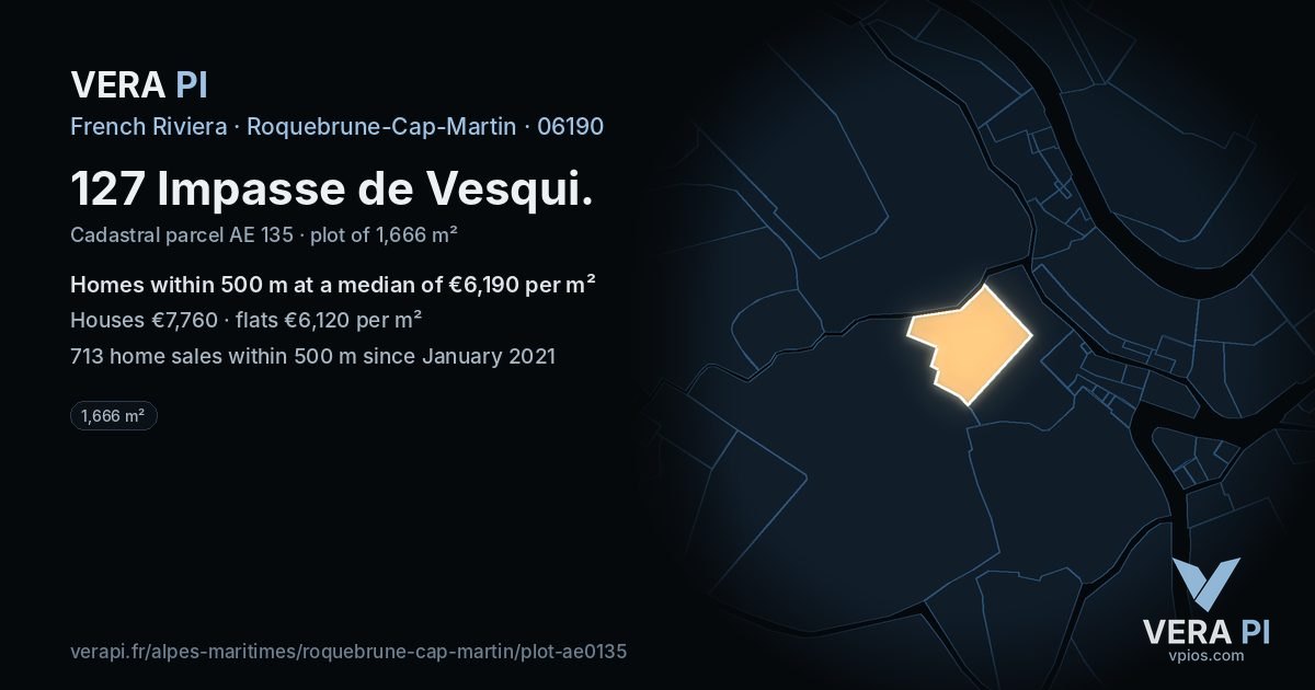 127 Impasse de Vesqui, Roquebrune-Cap-Martin at night – the plot lit, the parcels around coloured by the prices near them