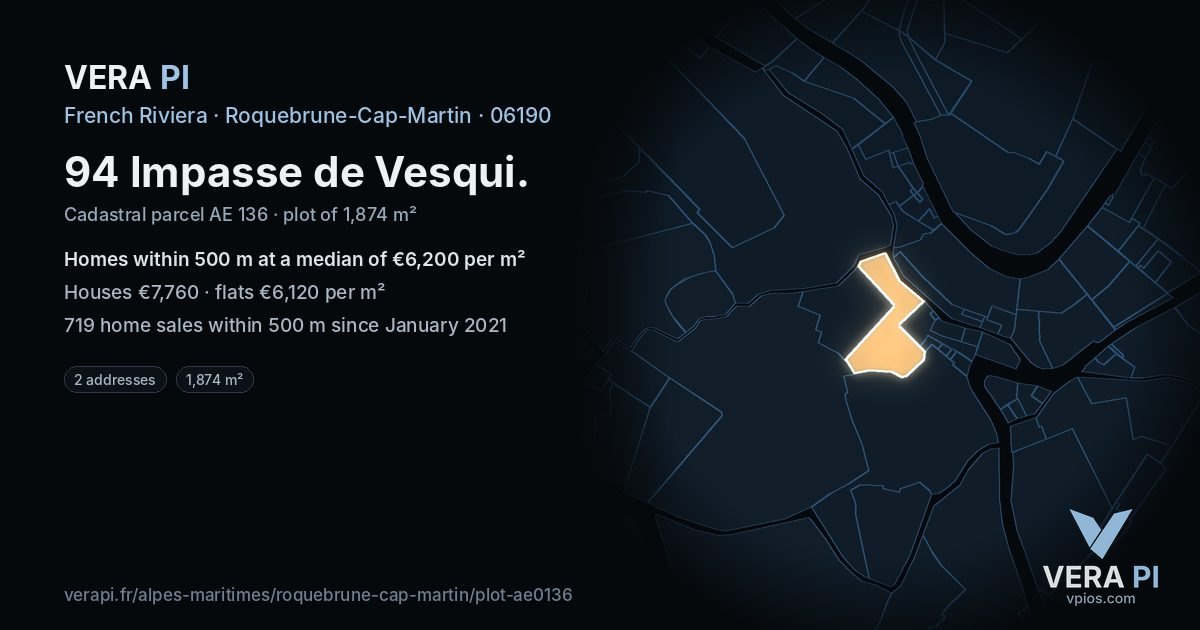 94 Impasse de Vesqui, Roquebrune-Cap-Martin at night – the plot lit, the parcels around coloured by the prices near them