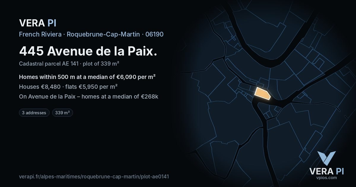 445 Avenue de la Paix, Roquebrune-Cap-Martin at night – the plot lit, the parcels around coloured by the prices near them