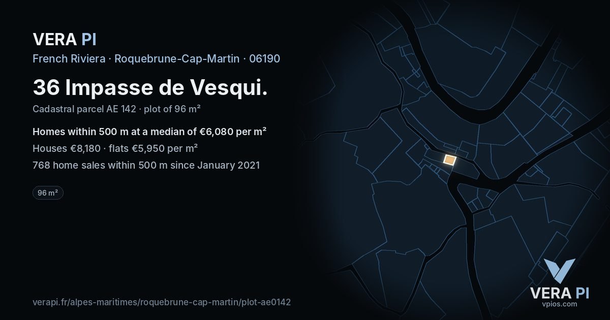 36 Impasse de Vesqui, Roquebrune-Cap-Martin at night – the plot lit, the parcels around coloured by the prices near them