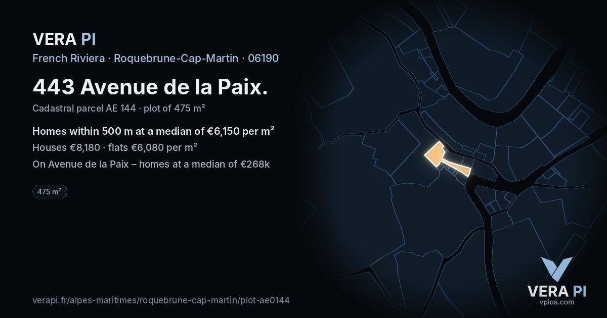 443 Avenue de la Paix, Roquebrune-Cap-Martin at night – the plot lit, the parcels around coloured by the prices near them