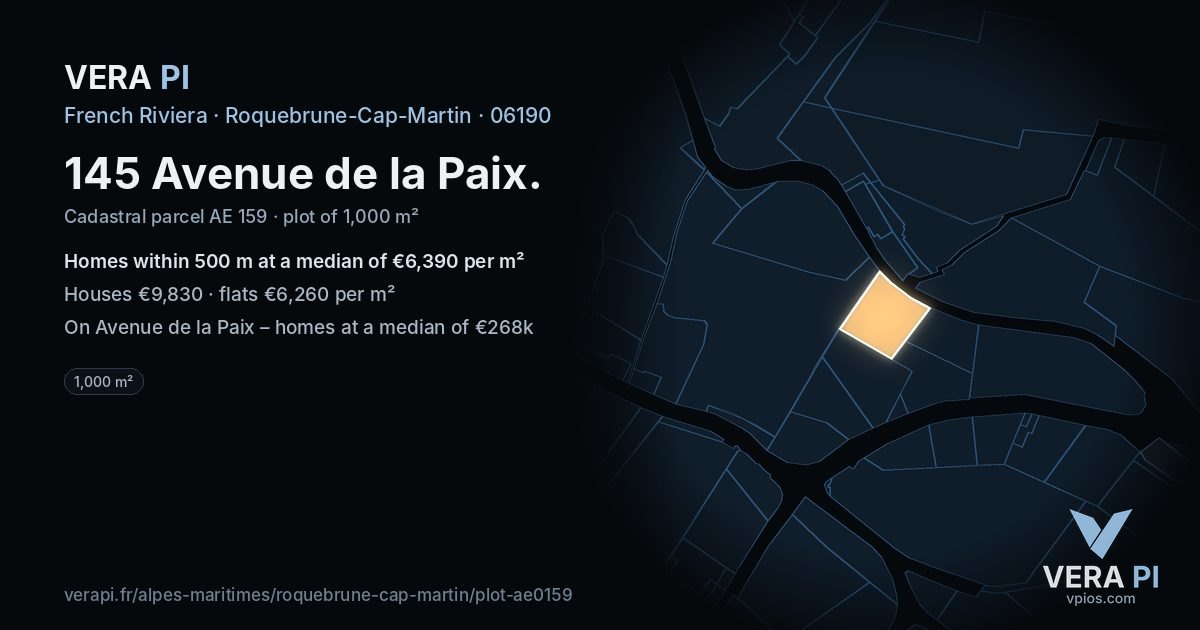 145 Avenue de la Paix, Roquebrune-Cap-Martin at night – the plot lit, the parcels around coloured by the prices near them