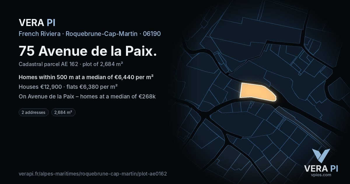 75 Avenue de la Paix, Roquebrune-Cap-Martin at night – the plot lit, the parcels around coloured by the prices near them