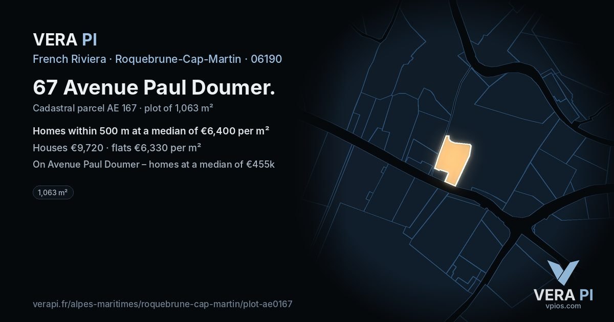 67 Avenue Paul Doumer, Roquebrune-Cap-Martin at night – the plot lit, the parcels around coloured by the prices near them