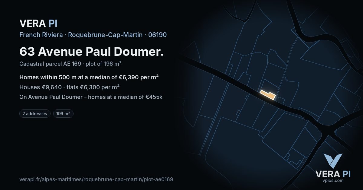 63 Avenue Paul Doumer, Roquebrune-Cap-Martin at night – the plot lit, the parcels around coloured by the prices near them