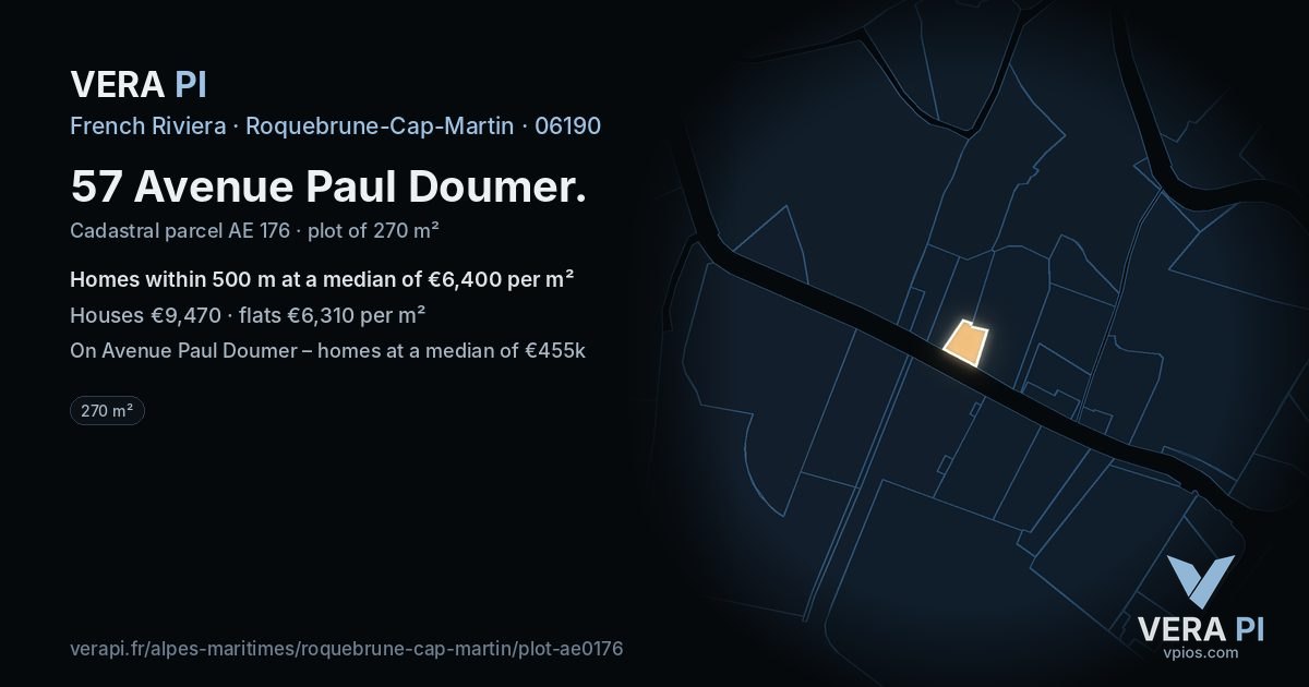 57 Avenue Paul Doumer, Roquebrune-Cap-Martin at night – the plot lit, the parcels around coloured by the prices near them