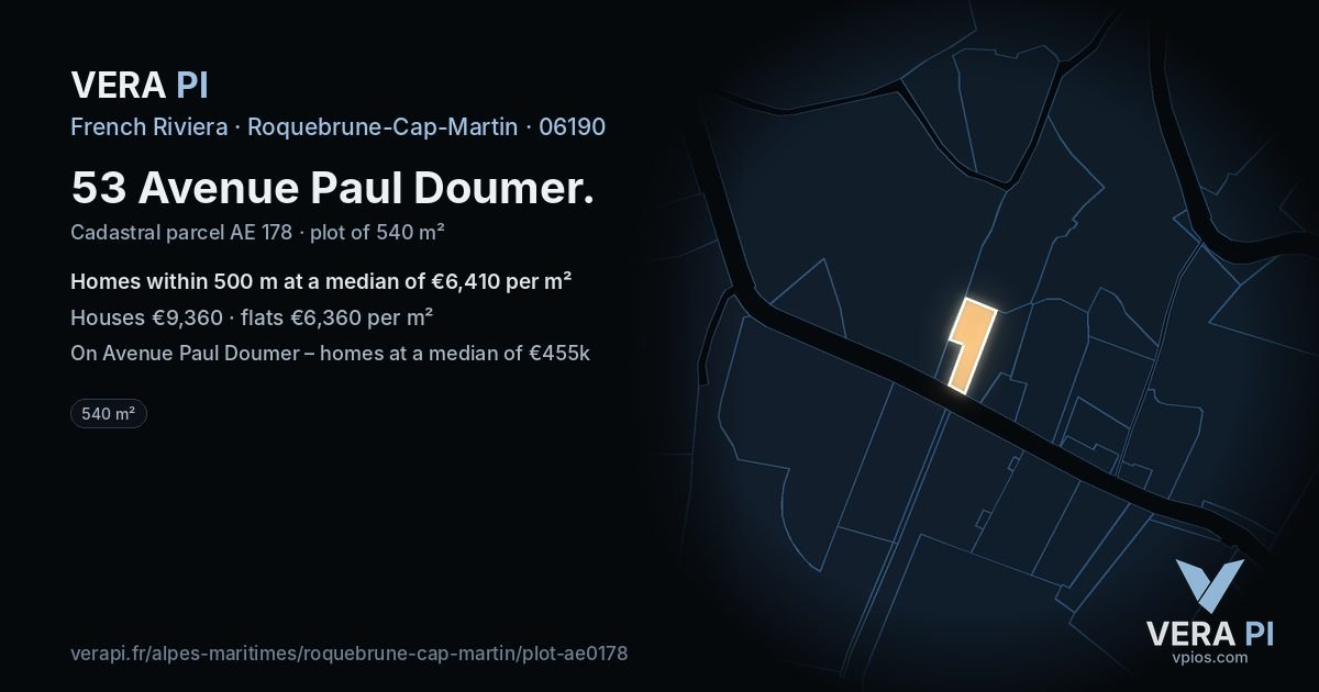 53 Avenue Paul Doumer, Roquebrune-Cap-Martin at night – the plot lit, the parcels around coloured by the prices near them