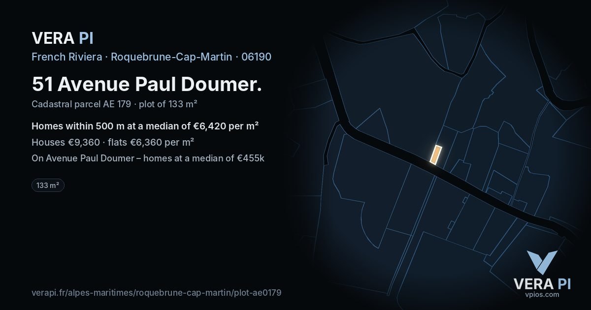 51 Avenue Paul Doumer, Roquebrune-Cap-Martin at night – the plot lit, the parcels around coloured by the prices near them