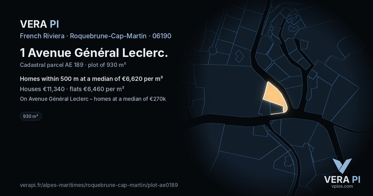1 Avenue Général Leclerc, Roquebrune-Cap-Martin at night – the plot lit, the parcels around coloured by the prices near them