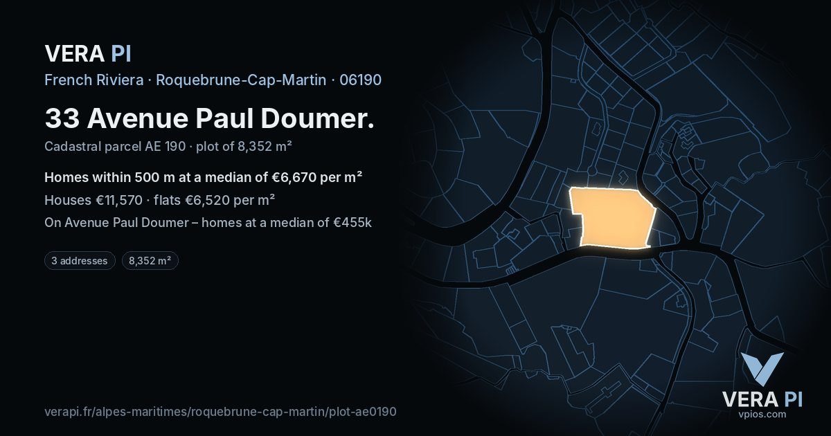 33 Avenue Paul Doumer, Roquebrune-Cap-Martin at night – the plot lit, the parcels around coloured by the prices near them