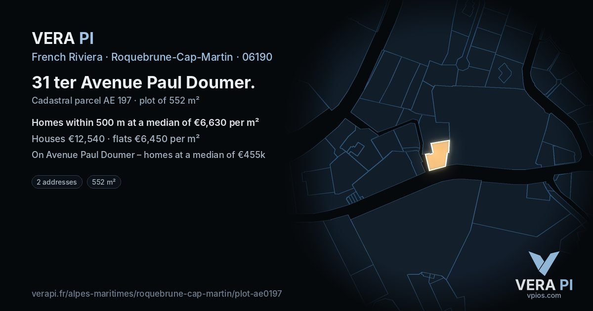 31 ter Avenue Paul Doumer, Roquebrune-Cap-Martin at night – the plot lit, the parcels around coloured by the prices near them