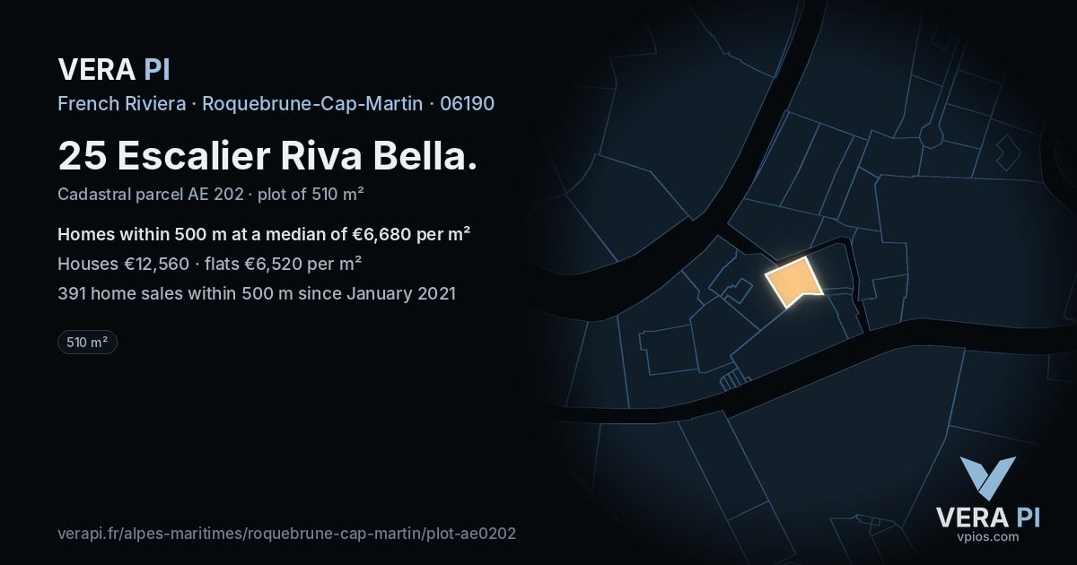 25 Escalier Riva Bella, Roquebrune-Cap-Martin at night – the plot lit, the parcels around coloured by the prices near them