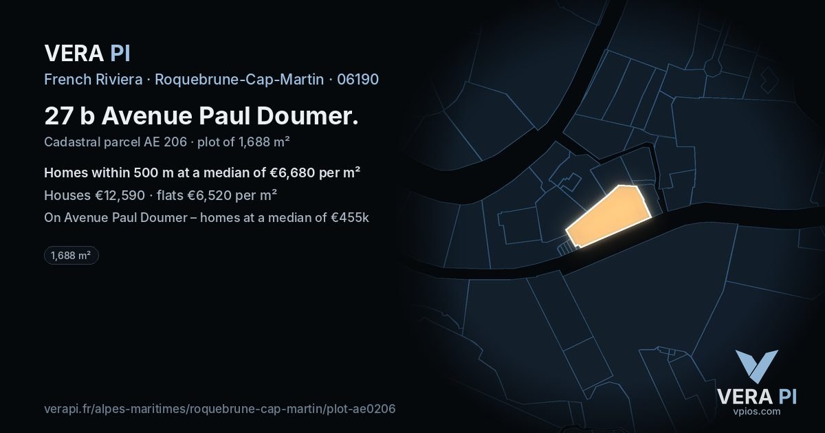 27 b Avenue Paul Doumer, Roquebrune-Cap-Martin at night – the plot lit, the parcels around coloured by the prices near them