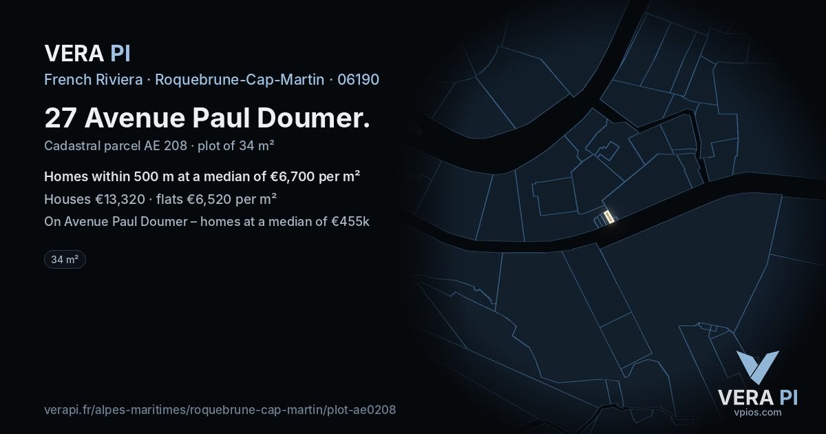 27 Avenue Paul Doumer, Roquebrune-Cap-Martin at night – the plot lit, the parcels around coloured by the prices near them