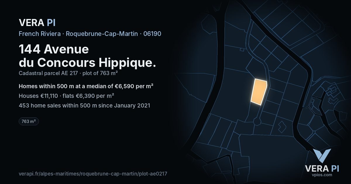 144 Avenue du Concours Hippique, Roquebrune-Cap-Martin at night – the plot lit, the parcels around coloured by the prices near them