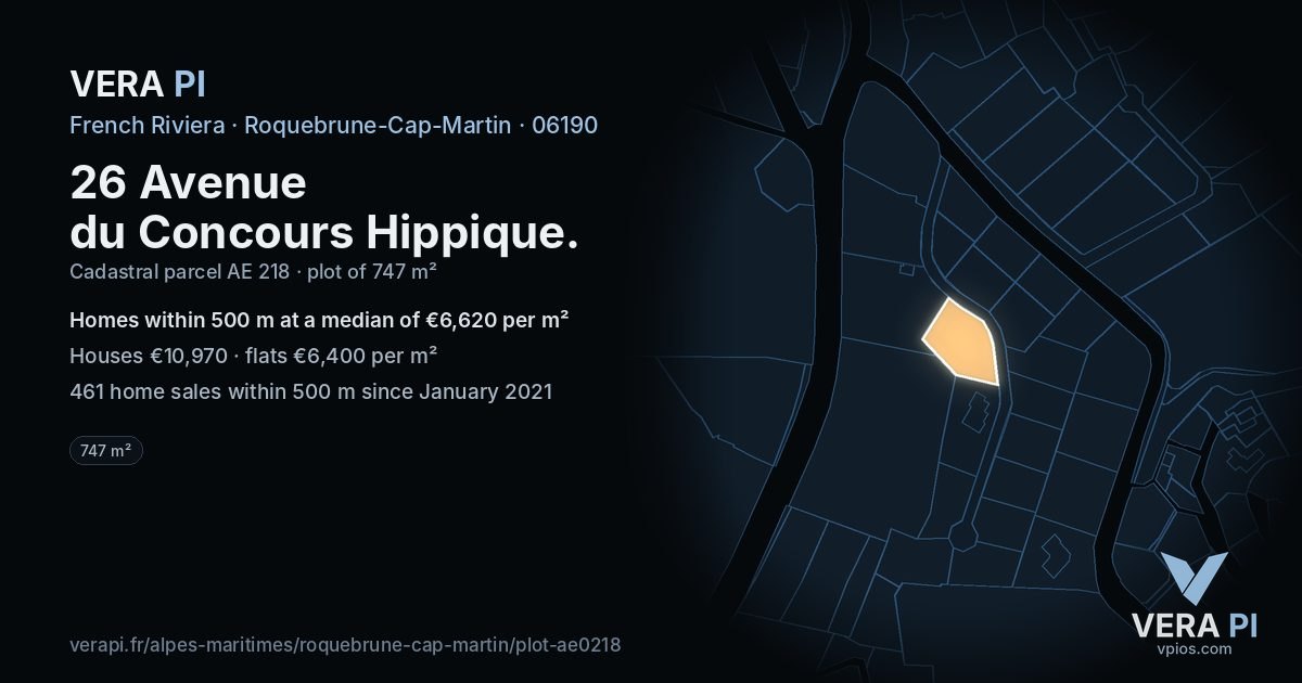 26 Avenue du Concours Hippique, Roquebrune-Cap-Martin at night – the plot lit, the parcels around coloured by the prices near them