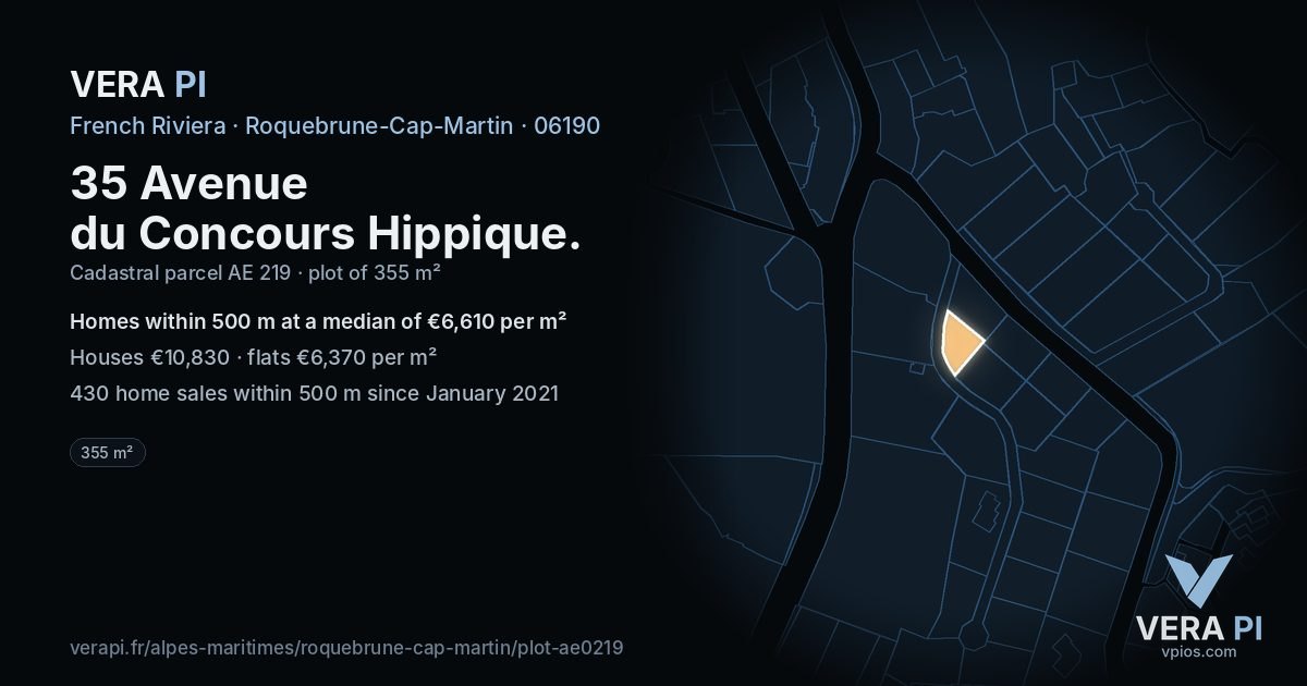 35 Avenue du Concours Hippique, Roquebrune-Cap-Martin at night – the plot lit, the parcels around coloured by the prices near them