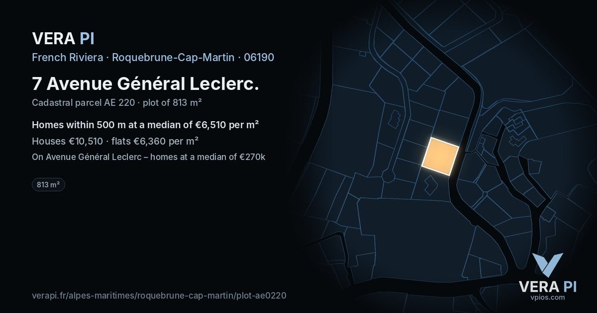 7 Avenue Général Leclerc, Roquebrune-Cap-Martin at night – the plot lit, the parcels around coloured by the prices near them