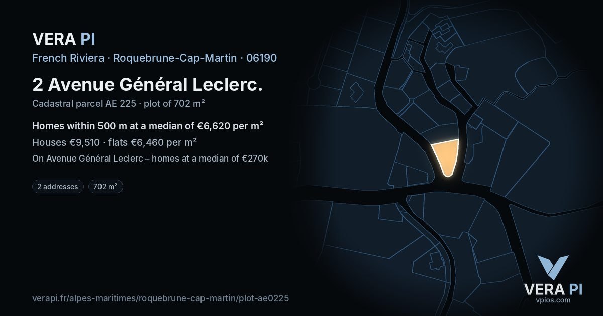 2 Avenue Général Leclerc, Roquebrune-Cap-Martin at night – the plot lit, the parcels around coloured by the prices near them