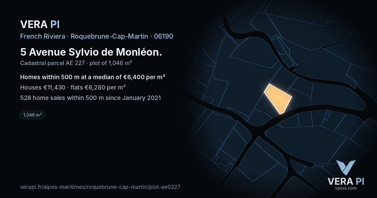 5 Avenue Sylvio de Monléon, Roquebrune-Cap-Martin at night – the plot lit, the parcels around coloured by the prices near them