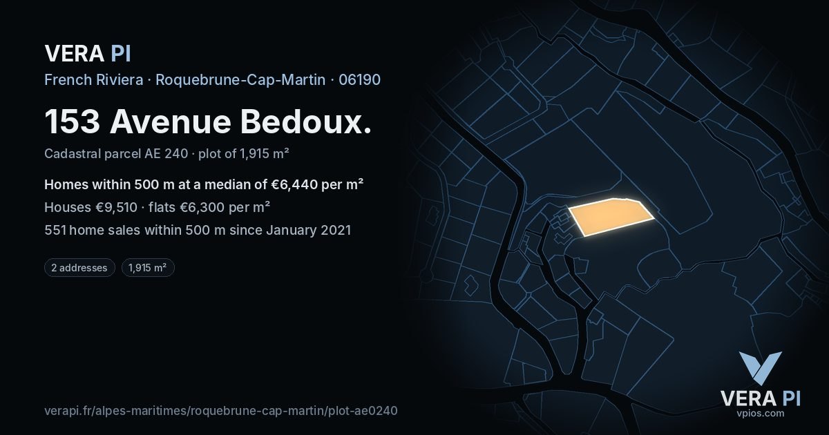 153 Avenue Bedoux, Roquebrune-Cap-Martin at night – the plot lit, the parcels around coloured by the prices near them