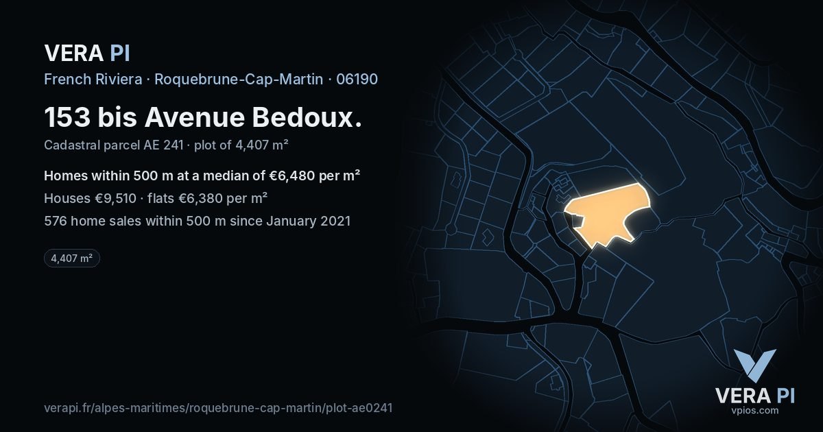 153 bis Avenue Bedoux, Roquebrune-Cap-Martin at night – the plot lit, the parcels around coloured by the prices near them