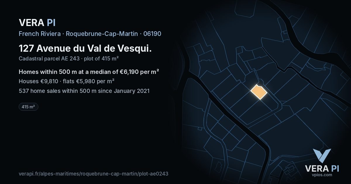 127 Avenue du Val de Vesqui, Roquebrune-Cap-Martin at night – the plot lit, the parcels around coloured by the prices near them