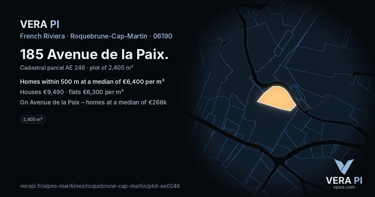 185 Avenue de la Paix, Roquebrune-Cap-Martin at night – the plot lit, the parcels around coloured by the prices near them