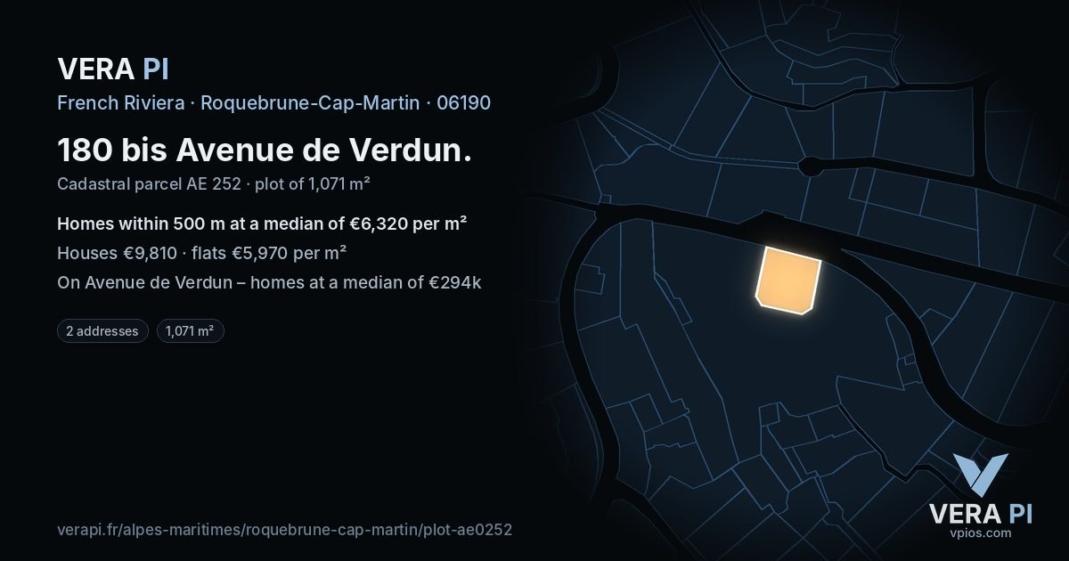 180 bis Avenue de Verdun, Roquebrune-Cap-Martin at night – the plot lit, the parcels around coloured by the prices near them