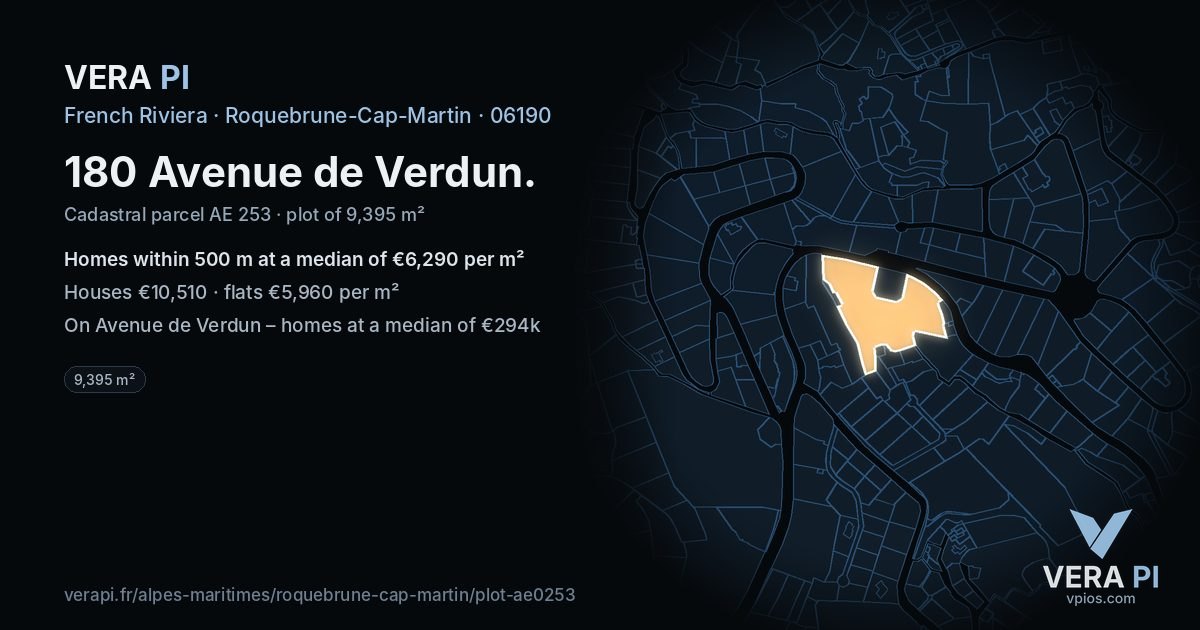 180 Avenue de Verdun, Roquebrune-Cap-Martin at night – the plot lit, the parcels around coloured by the prices near them