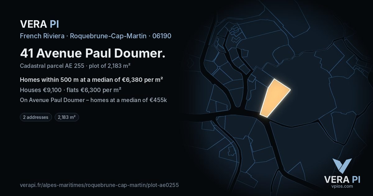 41 Avenue Paul Doumer, Roquebrune-Cap-Martin at night – the plot lit, the parcels around coloured by the prices near them