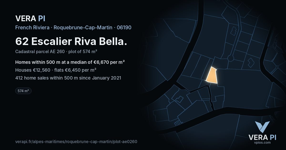 62 Escalier Riva Bella, Roquebrune-Cap-Martin at night – the plot lit, the parcels around coloured by the prices near them