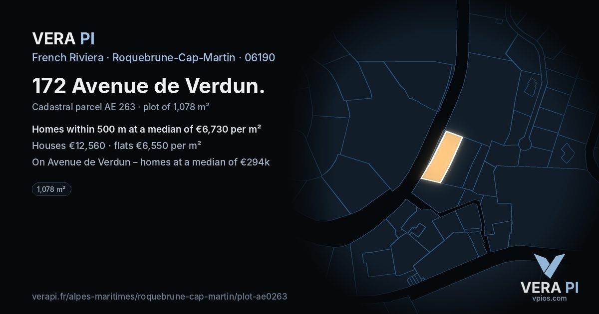 172 Avenue de Verdun, Roquebrune-Cap-Martin at night – the plot lit, the parcels around coloured by the prices near them