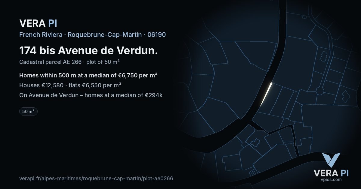 174 bis Avenue de Verdun, Roquebrune-Cap-Martin at night – the plot lit, the parcels around coloured by the prices near them