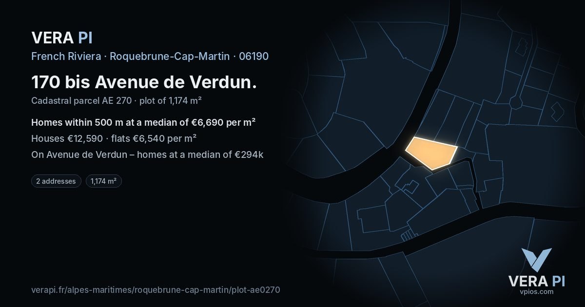 170 bis Avenue de Verdun, Roquebrune-Cap-Martin at night – the plot lit, the parcels around coloured by the prices near them