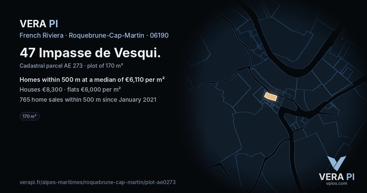 47 Impasse de Vesqui, Roquebrune-Cap-Martin at night – the plot lit, the parcels around coloured by the prices near them