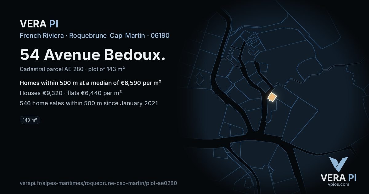 54 Avenue Bedoux, Roquebrune-Cap-Martin at night – the plot lit, the parcels around coloured by the prices near them