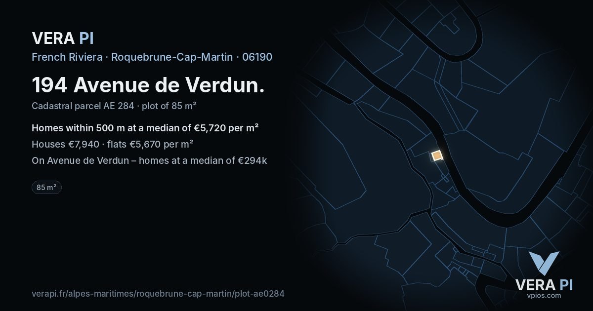 194 Avenue de Verdun, Roquebrune-Cap-Martin at night – the plot lit, the parcels around coloured by the prices near them