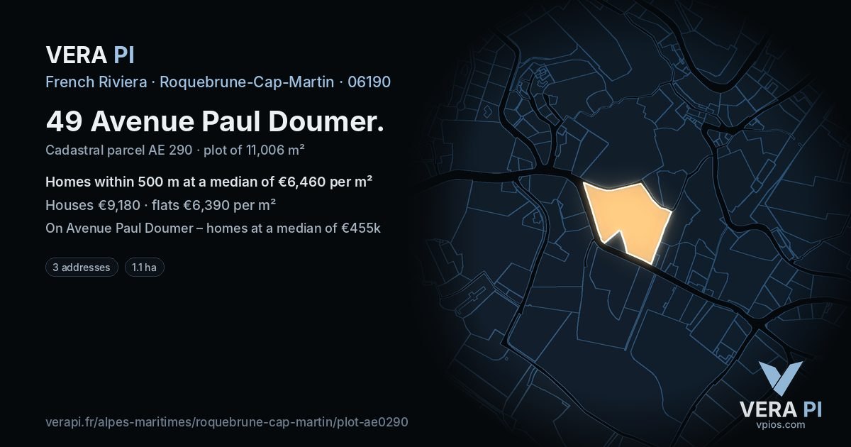 49 Avenue Paul Doumer, Roquebrune-Cap-Martin at night – the plot lit, the parcels around coloured by the prices near them