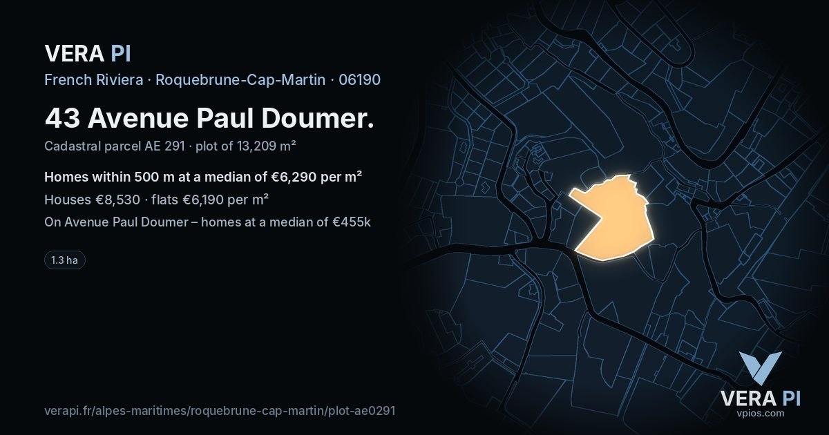 43 Avenue Paul Doumer, Roquebrune-Cap-Martin at night – the plot lit, the parcels around coloured by the prices near them