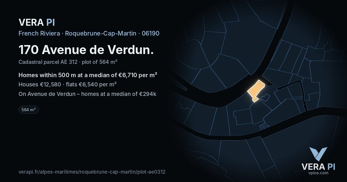 170 Avenue de Verdun, Roquebrune-Cap-Martin at night – the plot lit, the parcels around coloured by the prices near them