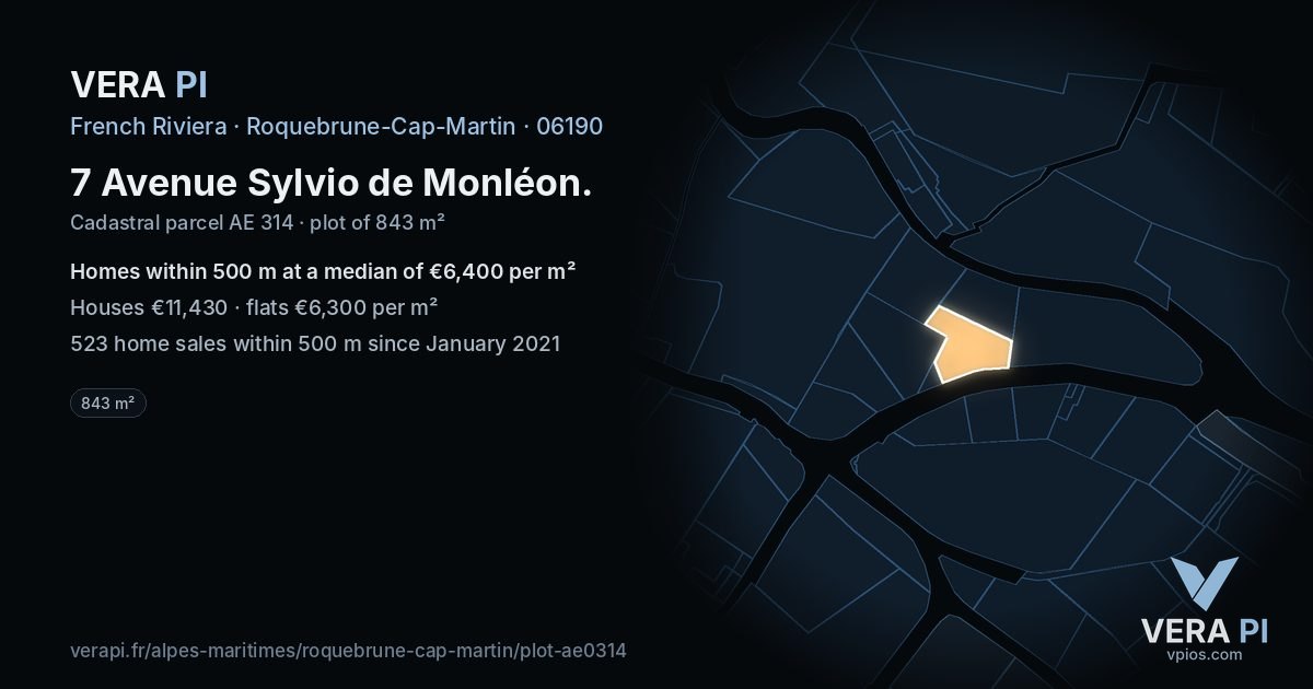 7 Avenue Sylvio de Monléon, Roquebrune-Cap-Martin at night – the plot lit, the parcels around coloured by the prices near them