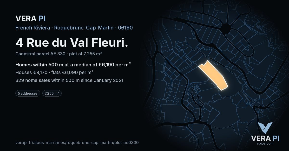 4 Rue du Val Fleuri, Roquebrune-Cap-Martin at night – the plot lit, the parcels around coloured by the prices near them
