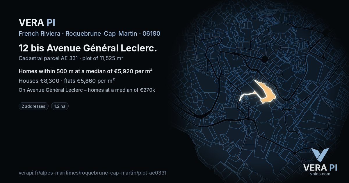 12 bis Avenue Général Leclerc, Roquebrune-Cap-Martin at night – the plot lit, the parcels around coloured by the prices near them